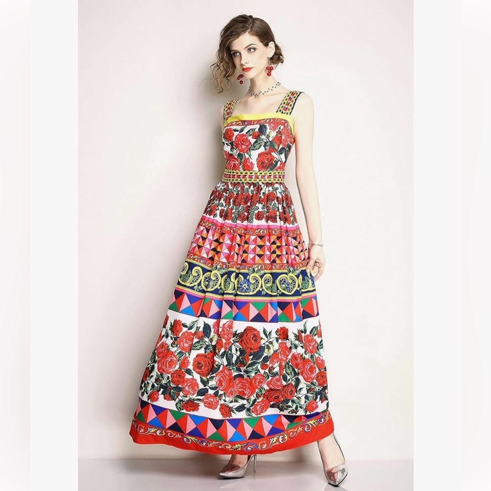 Lai Meng Five Cats Maxi Dress Bold Colorful Retro Floral Geometric Print Size L